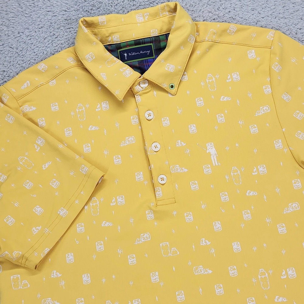 William Murray Polo Shirt Mens Small Yellow Cocktail Print Golf Stretch